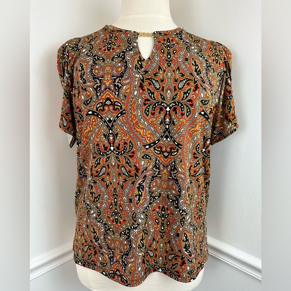 MICHAEL KORS Black, Beige & Orange Printed Gold Chain Petal Sleeve Top | Size XL - Picture 5 of 16